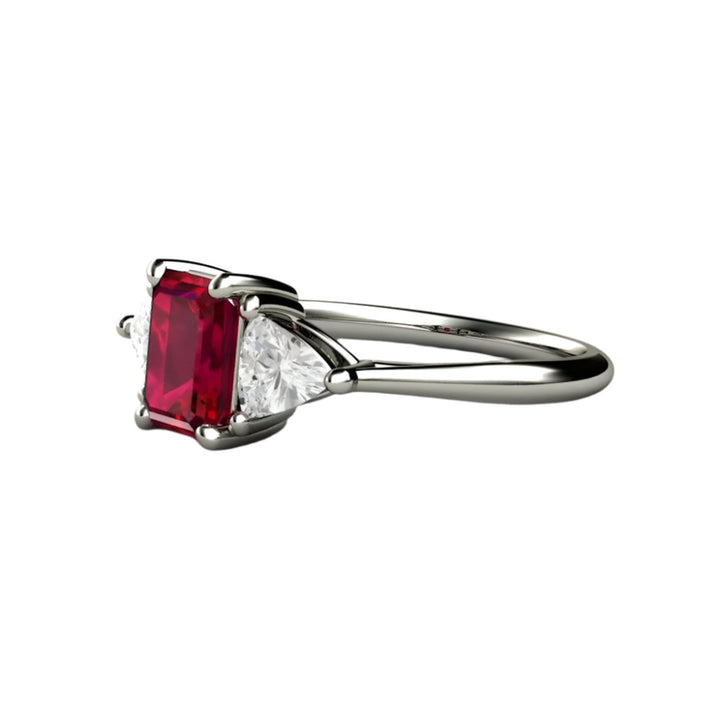 Three Stone Ruby Engagement Ring, Emerald Cut Lab Grown Ruby and Diamond Trillions in Gold or Platinum, July Birthstone | Rare Earth Jewelry