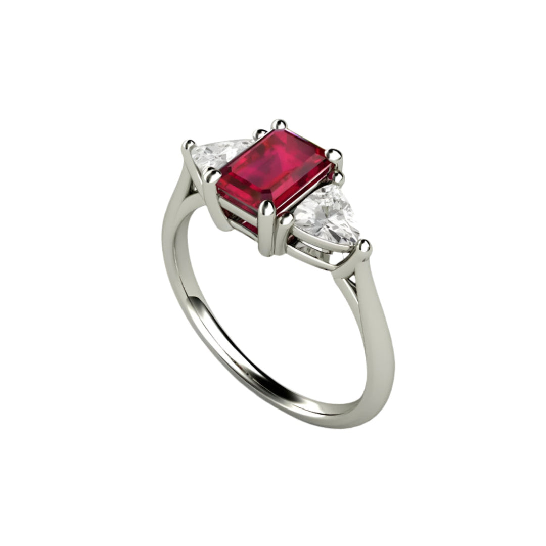 Emerald Cut Ruby Engagement Ring, 3 Stone Design with Lab Grown Diamond Trillions in Gold or Platinum, July Birthstone | Rare Earth Jewelry