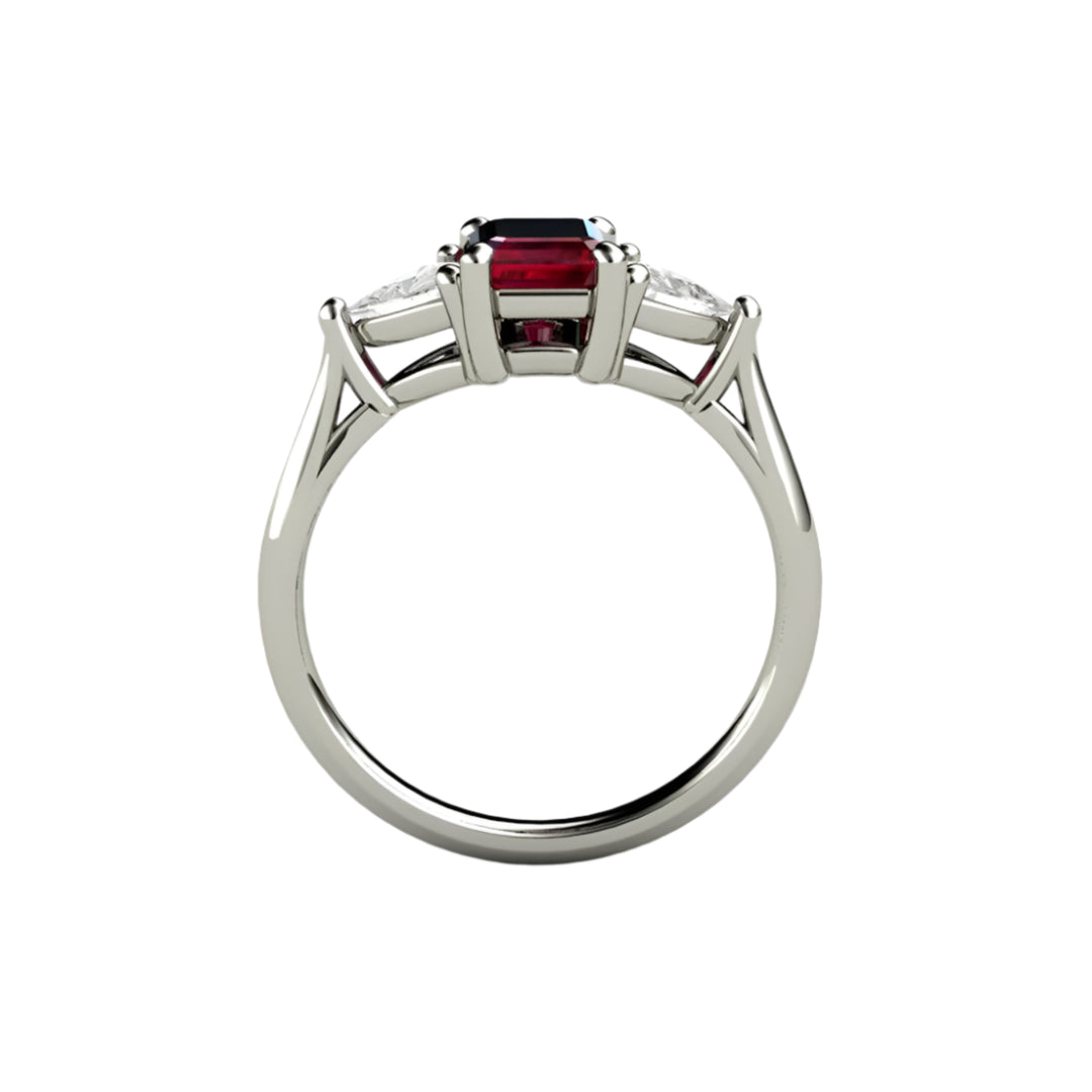 Profile View of Emerald Cut Ruby Engagement Ring, 3 Stone Ring with Lab Grown Diamond Trillions in Gold or Platinum | Rare Earth Jewelry