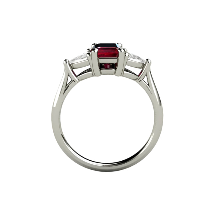 Profile View of Emerald Cut Ruby Engagement Ring, 3 Stone Ring with Lab Grown Diamond Trillions in Gold or Platinum | Rare Earth Jewelry