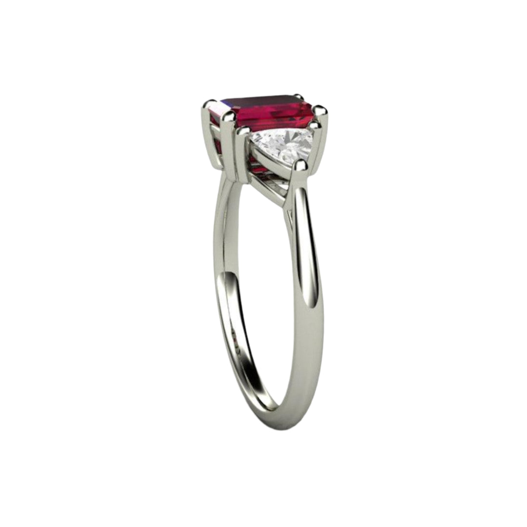 Side View of Emerald Cut Ruby Engagement Ring, 3 Stone Design with Lab Grown Diamond Trillions | Rare Earth Jewelry