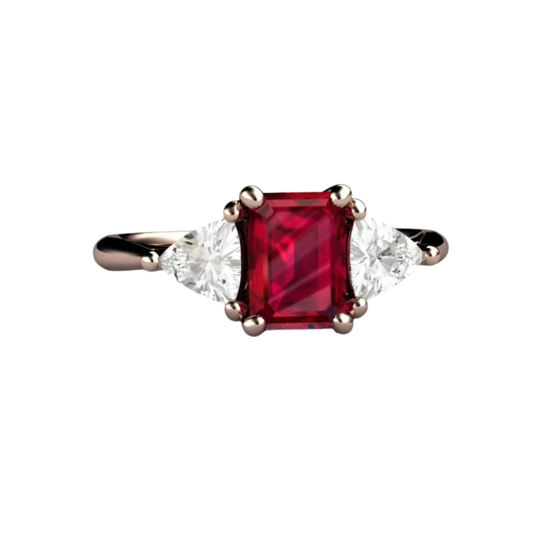 14K Rose Gold Emerald Cut Ruby Engagement Ring, 3 Stone Ruby Ring with Lab Grown Diamond Trillions, July Birthstone Ring | Rare Earth Jewelry