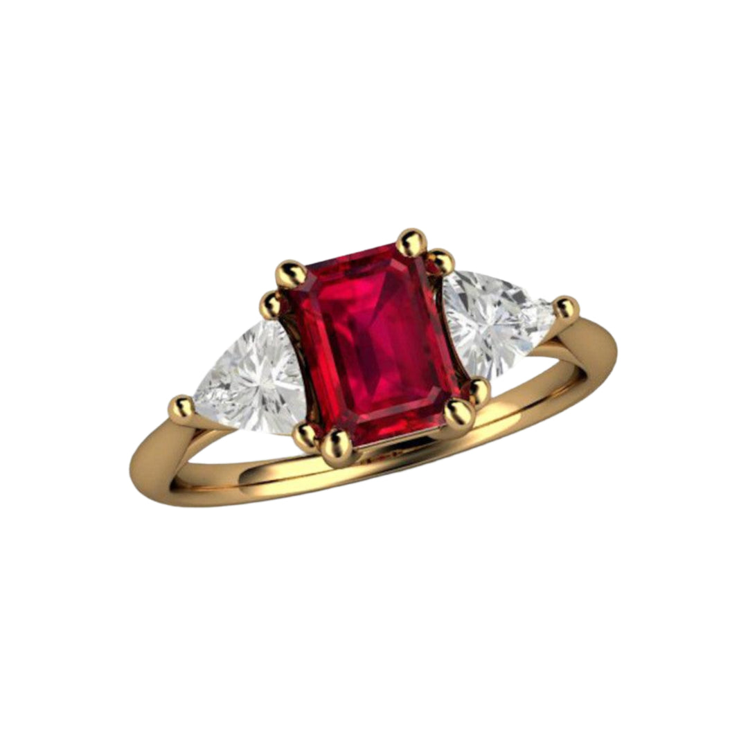 18K Yellow Gold Emerald Cut Ruby Engagement Ring, 3 Stone Ruby Ring with Lab Grown Diamond Trillions, July Birthstone Ring | Rare Earth Jewelry