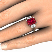 Emerald Cut Ruby Ring 3 Stone Ruby Engagement Ring with White Sapphire Accents 18K White Gold - Rare Earth Jewelry