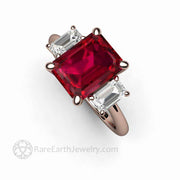 Emerald Cut Ruby Ring 3 Stone Ruby Engagement Ring with White Sapphire Accents 14K Rose Gold - Rare Earth Jewelry