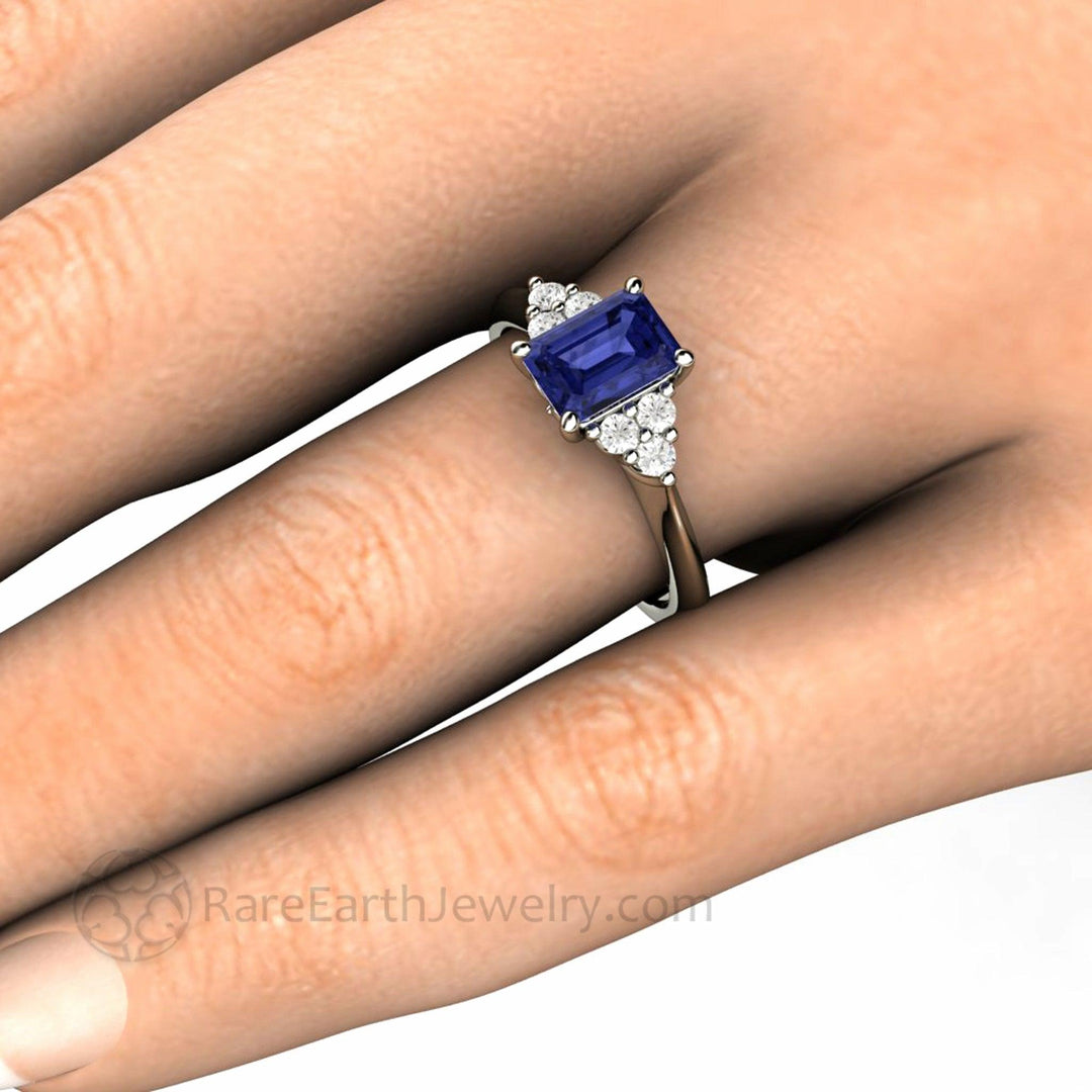 Natural Tanzanite Engagement Ring Emerald Cut with Diamond Accents, Rare Earth Jewelry
