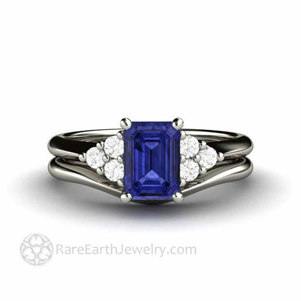Emerald Cut Tanzanite Engagement Ring with Diamonds - Platinum - Wedding Set - Blue - Cluster - December - Rare Earth Jewelry