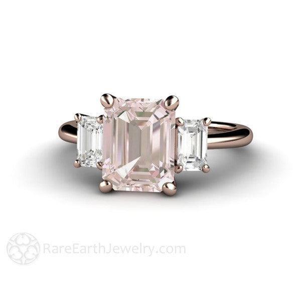 Emerald Cut Morganite Engagement Ring | 3 Stone Ring with White Sapphires, Rare Earth Jewelry