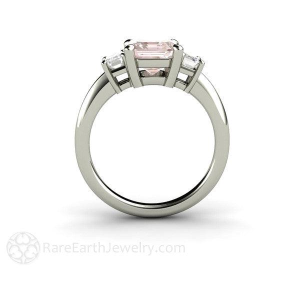 Emerald Cut Morganite Engagement Ring | 3 Stone Ring with White Sapphires, Rare Earth Jewelry