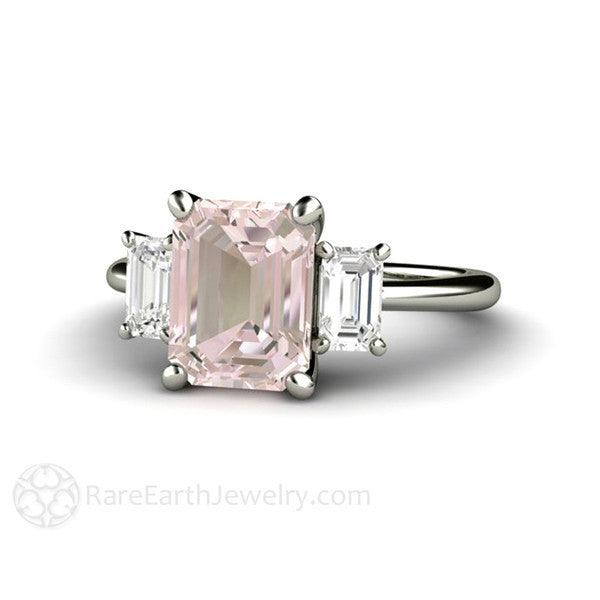 Emerald Cut Morganite Engagement Ring | 3 Stone Ring with White Sapphires, Rare Earth Jewelry