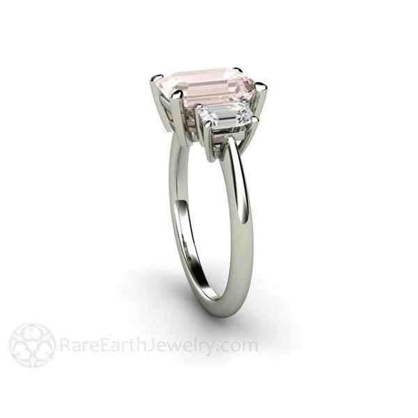 Emerald Cut Morganite Engagement Ring | 3 Stone Ring with White Sapphires, Rare Earth Jewelry