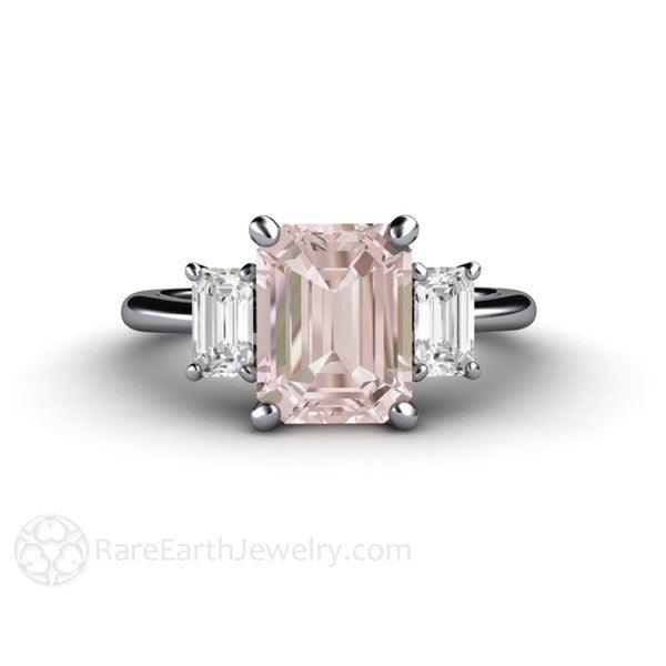 Emerald Cut Morganite Engagement Ring | 3 Stone Ring with White Sapphires, Rare Earth Jewelry