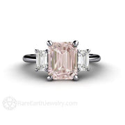 Emerald Cut Three Stone Morganite Engagement Ring with White Sapphires Platinum - Rare Earth Jewelry