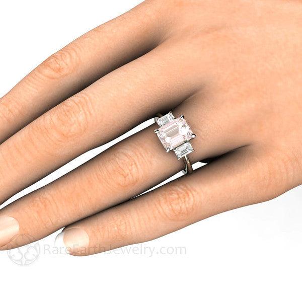 Emerald Cut Morganite Engagement Ring | 3 Stone Ring with White Sapphires, Rare Earth Jewelry