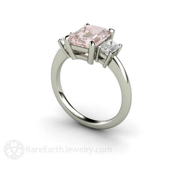 Emerald Cut Morganite Engagement Ring | 3 Stone Ring with White Sapphires, Rare Earth Jewelry