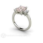 Emerald Cut Three Stone Morganite Engagement Ring with White Sapphires 18K White Gold - Rare Earth Jewelry