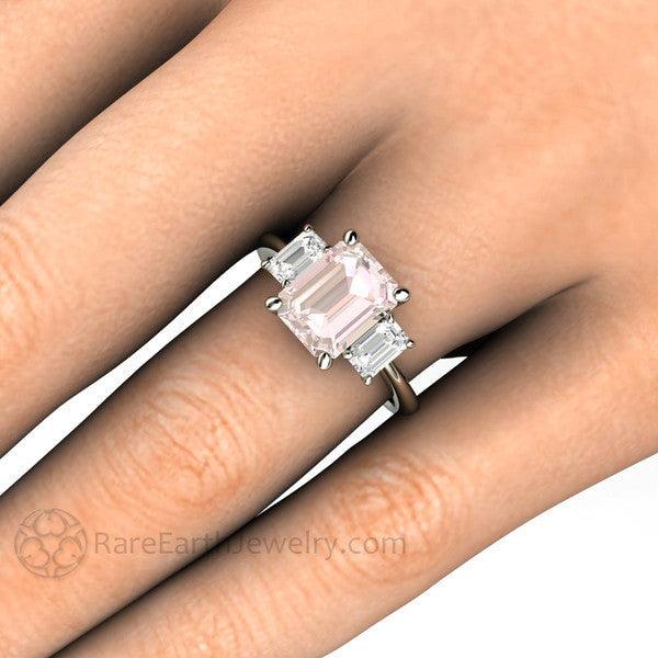 Emerald Cut Morganite Engagement Ring | 3 Stone Ring with White Sapphires, Rare Earth Jewelry
