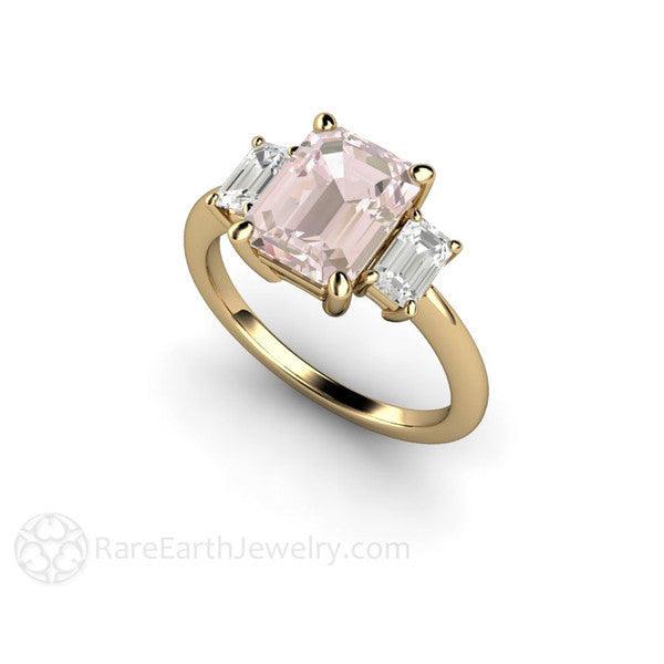 Emerald Cut Morganite Engagement Ring | 3 Stone Ring with White Sapphires, Rare Earth Jewelry