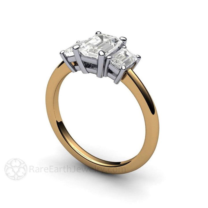 Natural White Sapphire Engagement Ring 3 Stone Emerald Cut, Rare Earth Jewelry