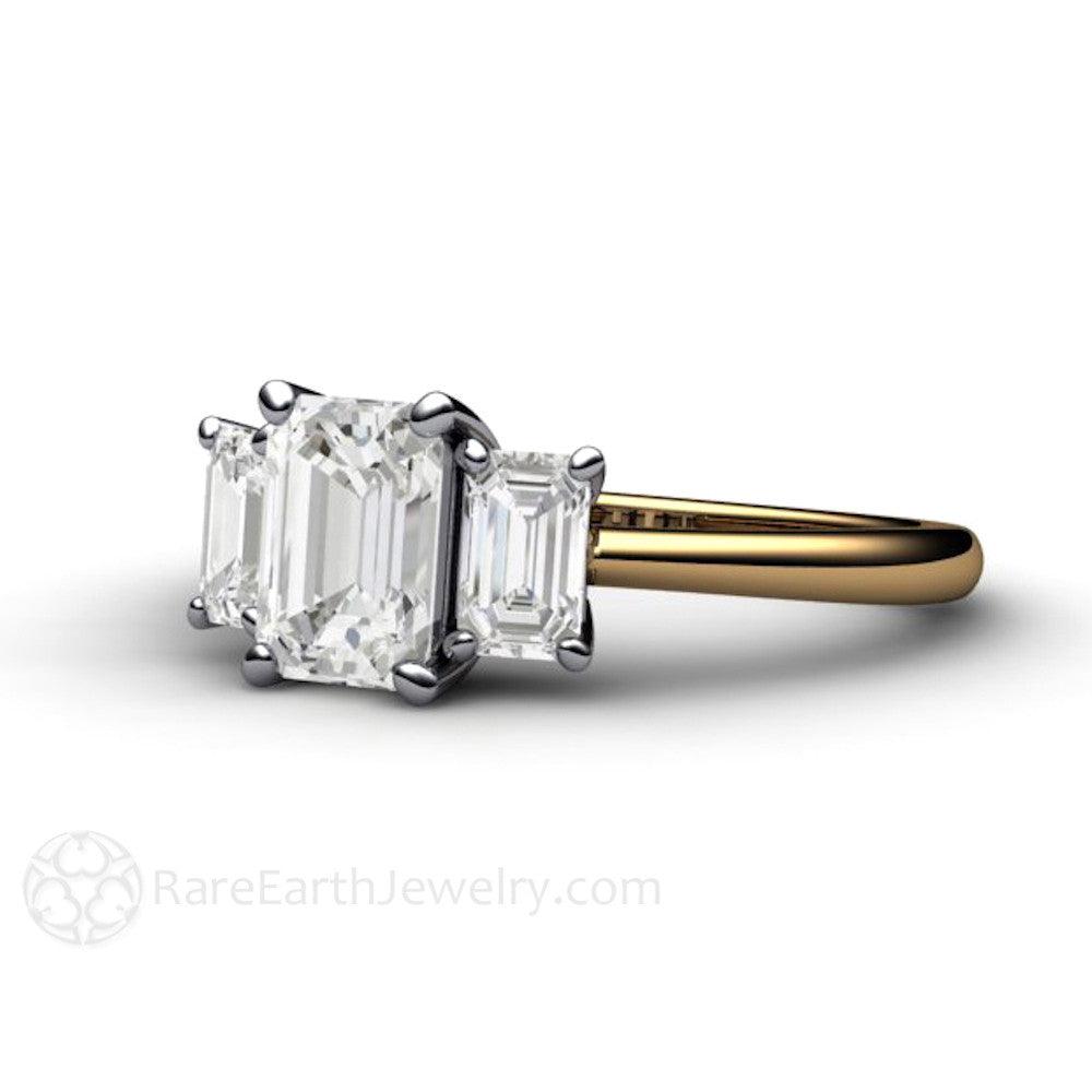 Natural White Sapphire Engagement Ring 3 Stone Emerald Cut, Rare Earth Jewelry