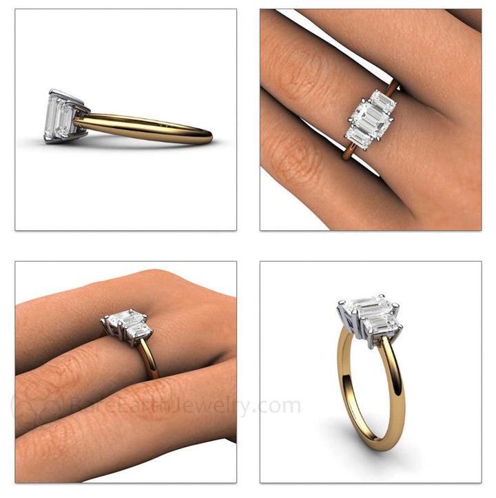 Natural White Sapphire Engagement Ring 3 Stone Emerald Cut, Rare Earth Jewelry