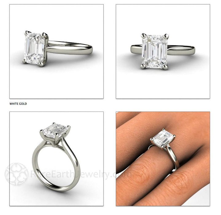 Emerald Cut White Sapphire Engagement Ring | Classic Solitaire in Gold or Platinum, Rare Earth Jewelry