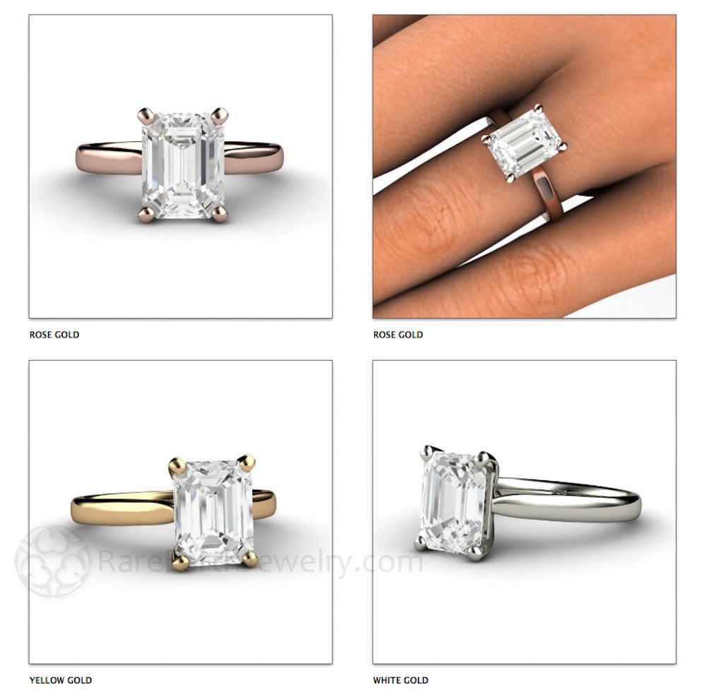 Emerald Cut White Sapphire Engagement Ring | Classic Solitaire in Gold or Platinum, Rare Earth Jewelry