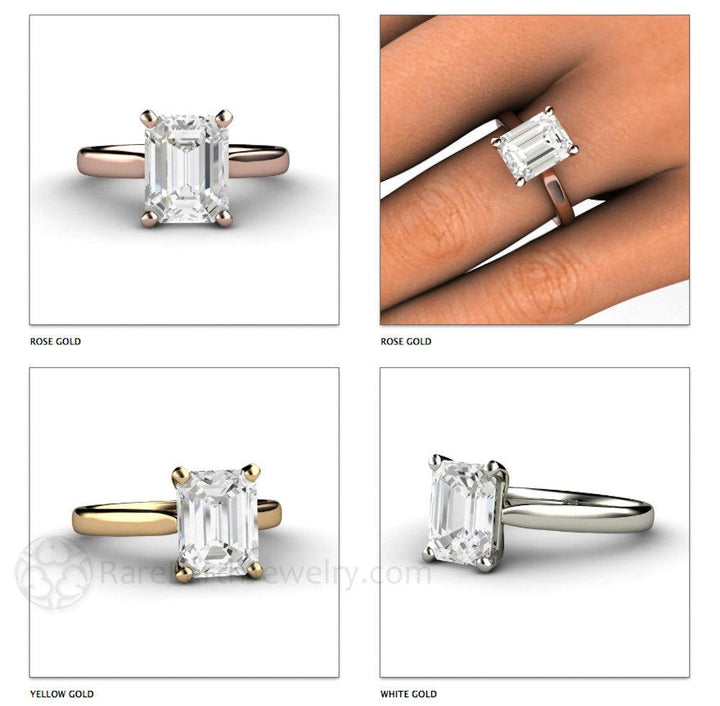 Emerald Cut White Sapphire Engagement Ring | Classic Solitaire in Gold or Platinum, Rare Earth Jewelry