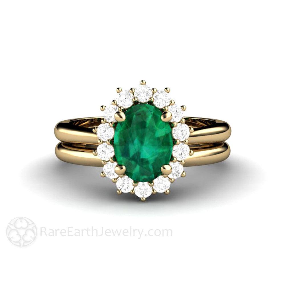 Oval Emerald Engagement Ring Vintage Style Diamond Halo, Rare Earth Jewelry