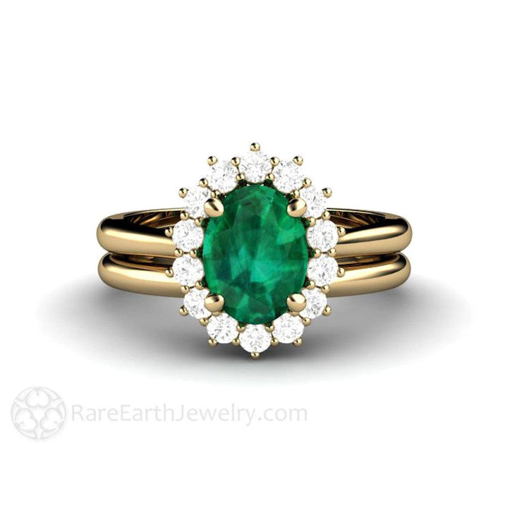 Oval Emerald Engagement Ring Vintage Style Diamond Halo, Rare Earth Jewelry