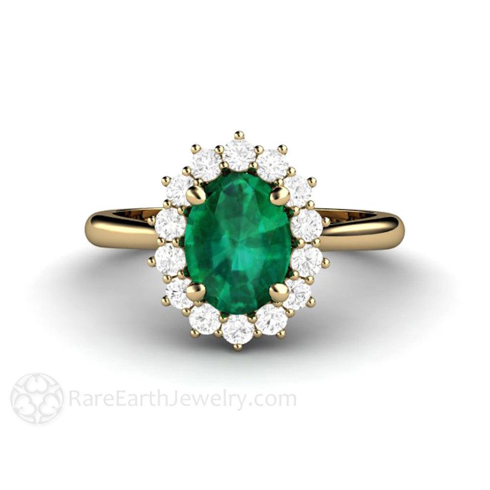 Oval Emerald Engagement Ring Vintage Style Diamond Halo, Rare Earth Jewelry