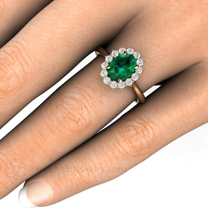 Oval Emerald Engagement Ring Vintage Style Diamond Halo, Rare Earth Jewelry