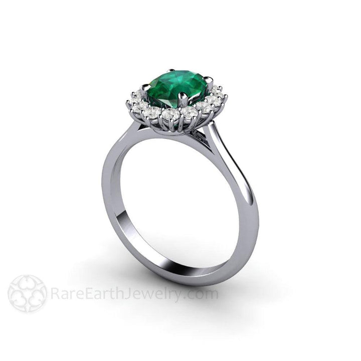 Oval Emerald Engagement Ring Vintage Style Diamond Halo, Rare Earth Jewelry