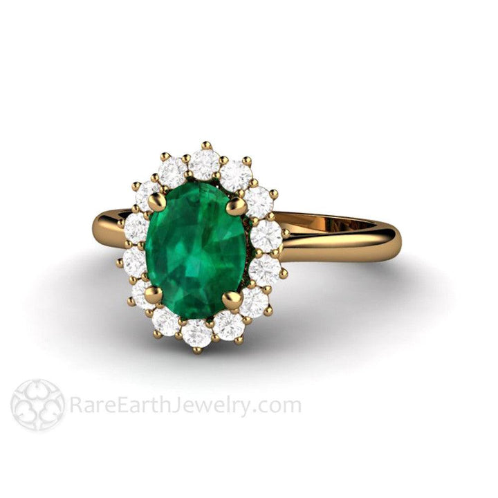 Oval Emerald Engagement Ring Vintage Style Diamond Halo, Rare Earth Jewelry