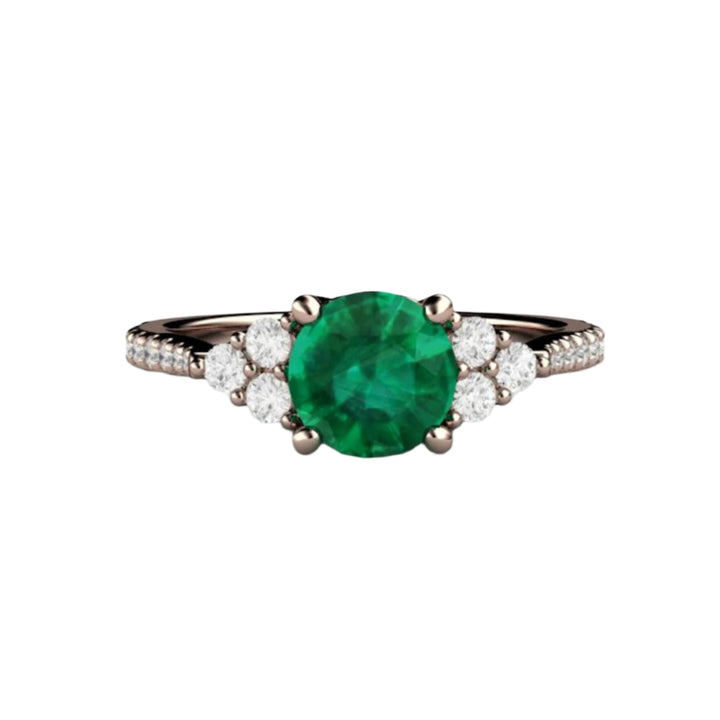 Round Emerald Engagement Ring with Diamond Acceents in 18K Rose Gold,  French Pave Diamond Setting | Rare Earth Jewelry