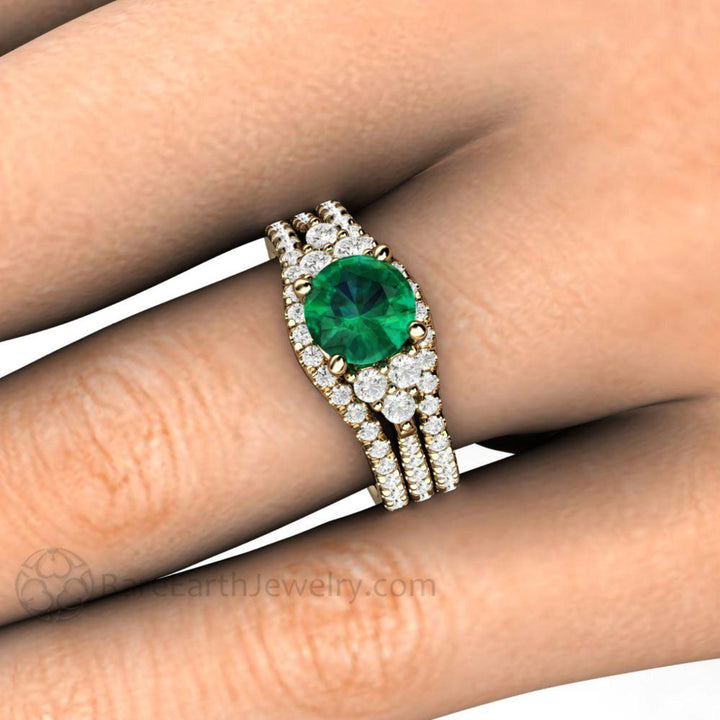 Round Emerald Engagement Ring with Double Wedding Bands, Close Up on the Finger, French Pave Set Diamond Bridal Set with Chatham Emerald | Rare Earth Jewelry