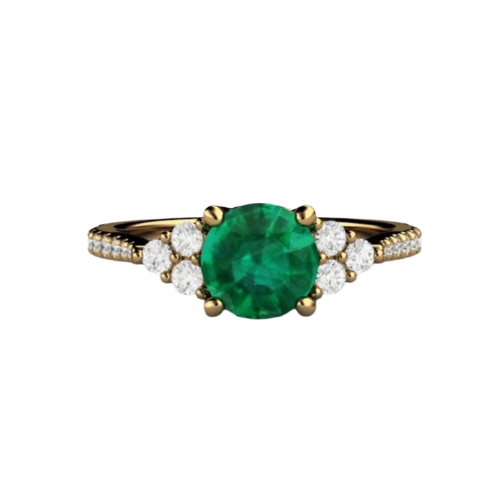 Round Emerald Engagement Ring with French Pave Set Diamond Accent in 18K Yellow Gold | Rare Earth Jewelry