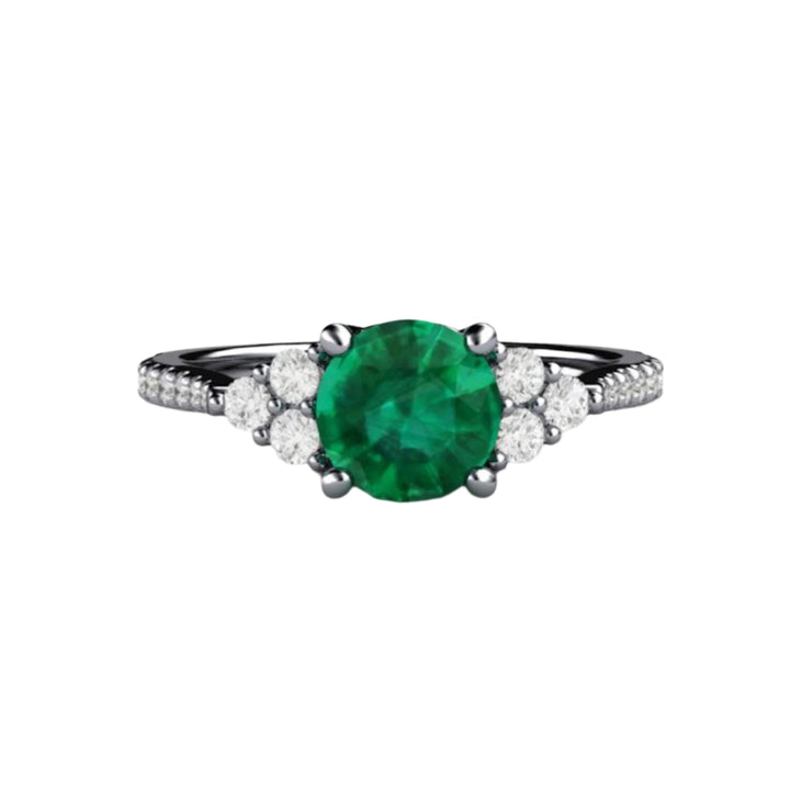 Platinum Emerald Engagement Ring with Diamond Accents, Chatham Lab Grown Emerald Ring, Cluster Design | Rare Earth Jewelry