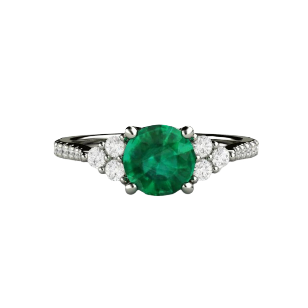 Round Emerald Engagement Ring with Diamond Accents, French Pave Diamond Cluster Setting | Rare Earth Jewelry