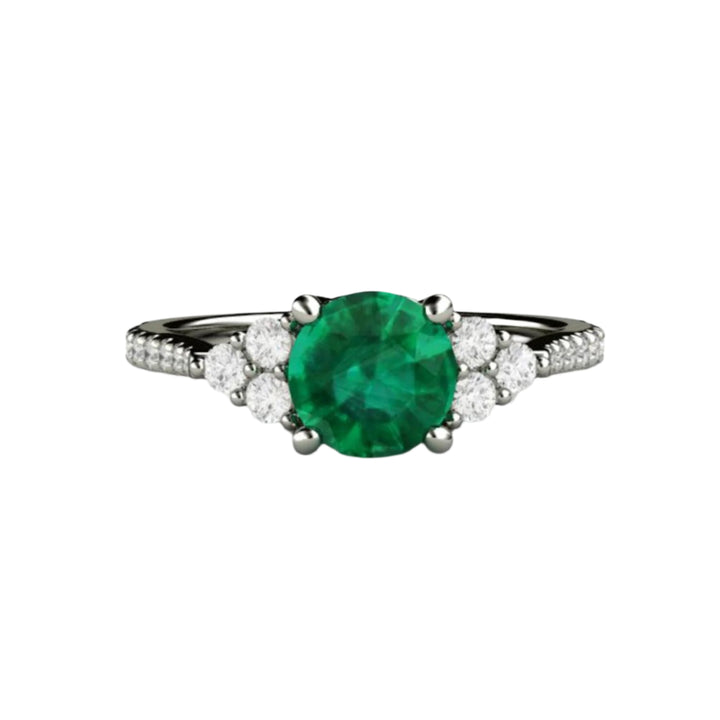 Round Emerald Engagement Ring with Diamond Accents, French Pave Diamond Cluster Setting | Rare Earth Jewelry