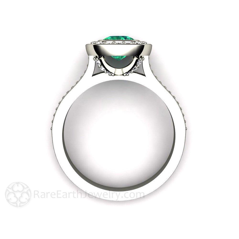 Bezel Set Emerald Engagement Ring | Cushion Cut with Diamond Halo, Rare Earth Jewelry