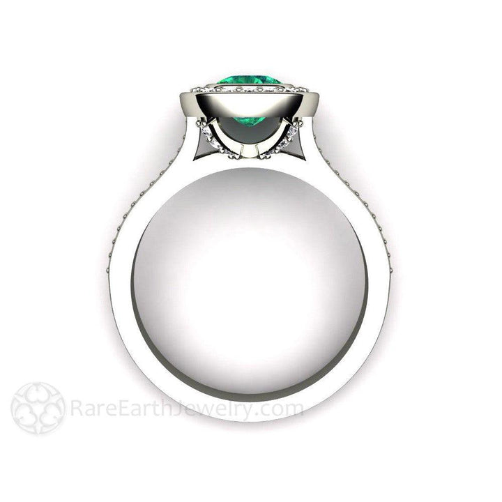 Bezel Set Emerald Engagement Ring | Cushion Cut with Diamond Halo, Rare Earth Jewelry