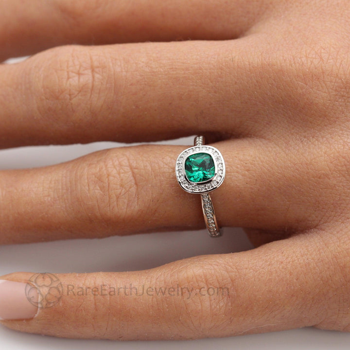 Bezel Set Emerald Engagement Ring | Cushion Cut with Diamond Halo, Rare Earth Jewelry