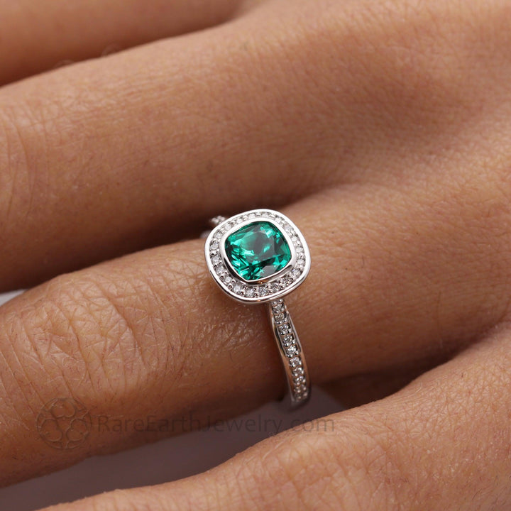 Bezel Set Emerald Engagement Ring | Cushion Cut with Diamond Halo, Rare Earth Jewelry