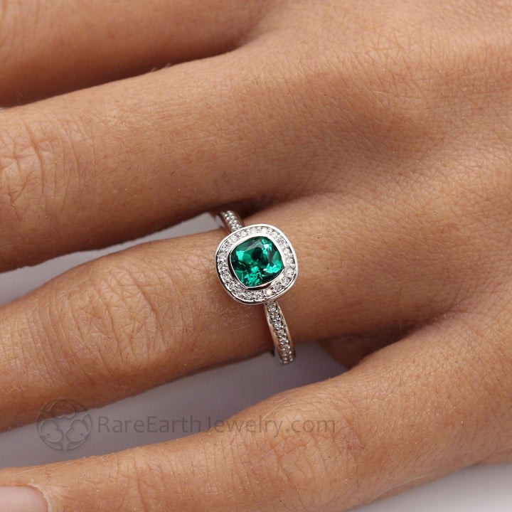 Bezel Set Emerald Engagement Ring | Cushion Cut with Diamond Halo, Rare Earth Jewelry