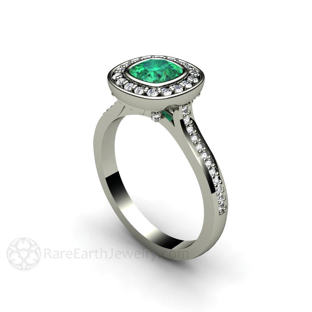 Bezel Set Emerald Engagement Ring | Cushion Cut with Diamond Halo, Rare Earth Jewelry
