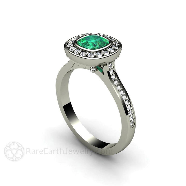 Bezel Set Emerald Engagement Ring | Cushion Cut with Diamond Halo, Rare Earth Jewelry