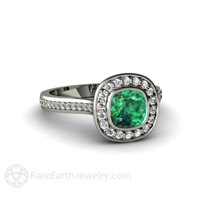 Bezel Set Emerald Engagement Ring | Cushion Cut with Diamond Halo, Rare Earth Jewelry