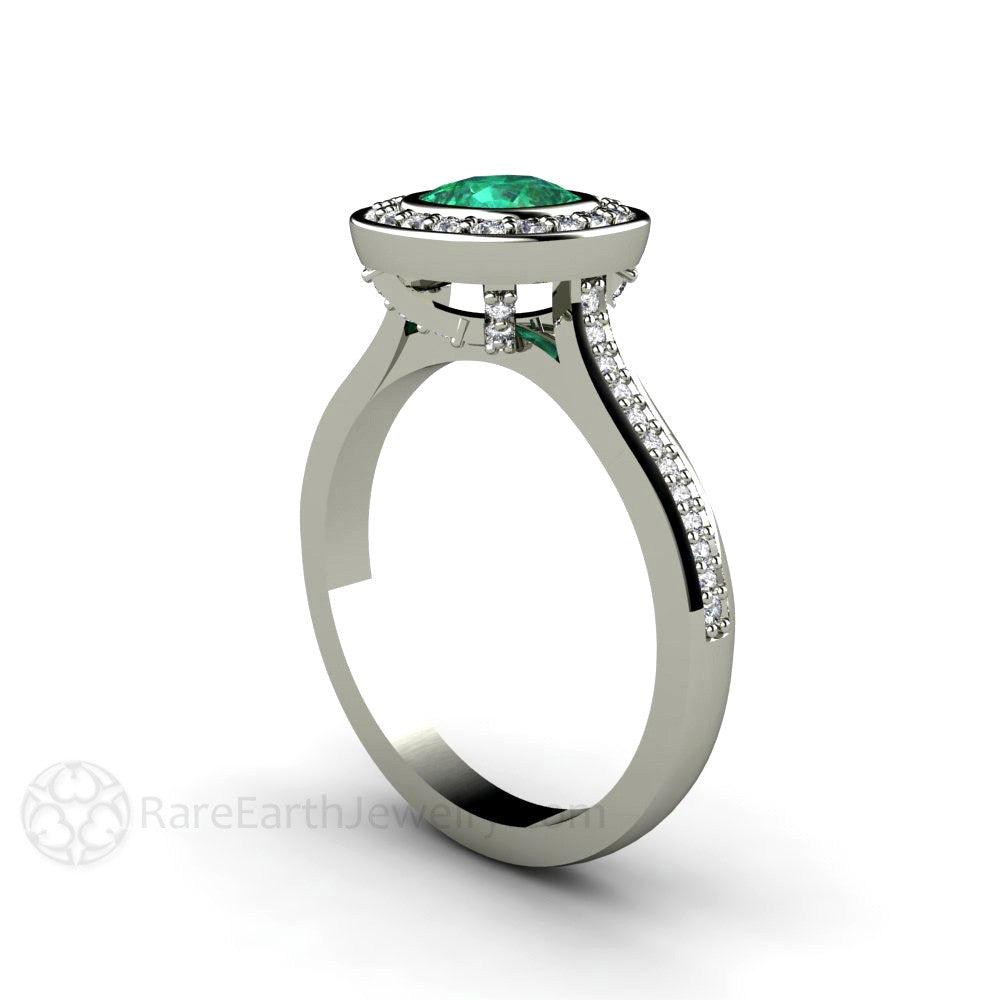 Bezel Set Emerald Engagement Ring | Cushion Cut with Diamond Halo, Rare Earth Jewelry