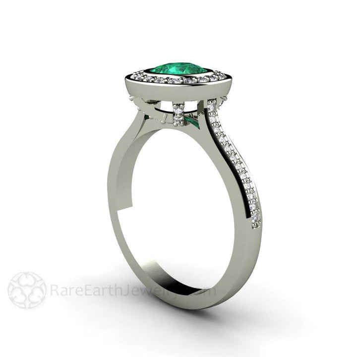 Bezel Set Emerald Engagement Ring | Cushion Cut with Diamond Halo, Rare Earth Jewelry